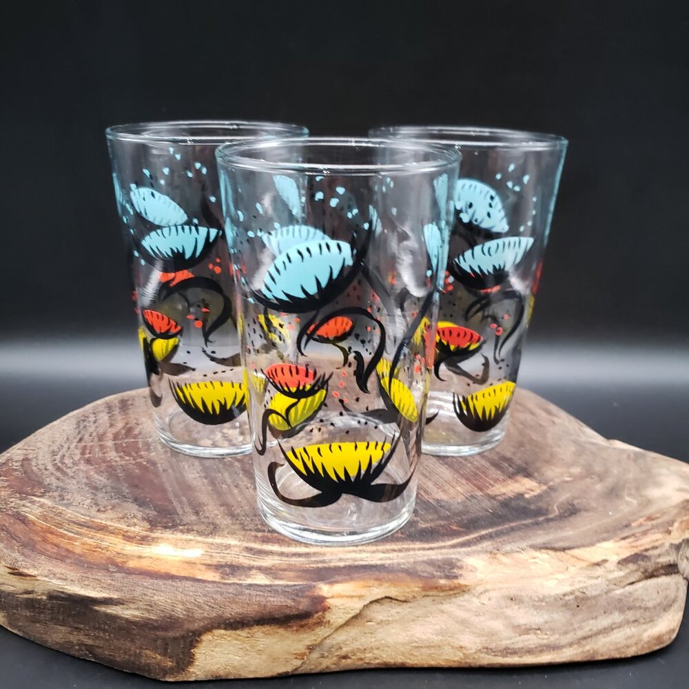 Vintage Fire-King Anchor Hocking Tumblers Set 3 Mid Century Floral Atomic Glass